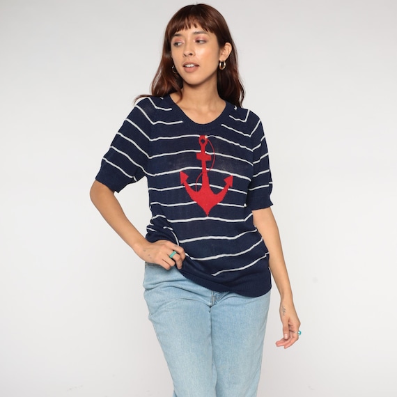 Anchor Sweater 80s Vintage Navy Blue White Striped Red Short Sleeve Nautical Maritime Sailor Coastal Beach Summer Knit Preppy Medium M