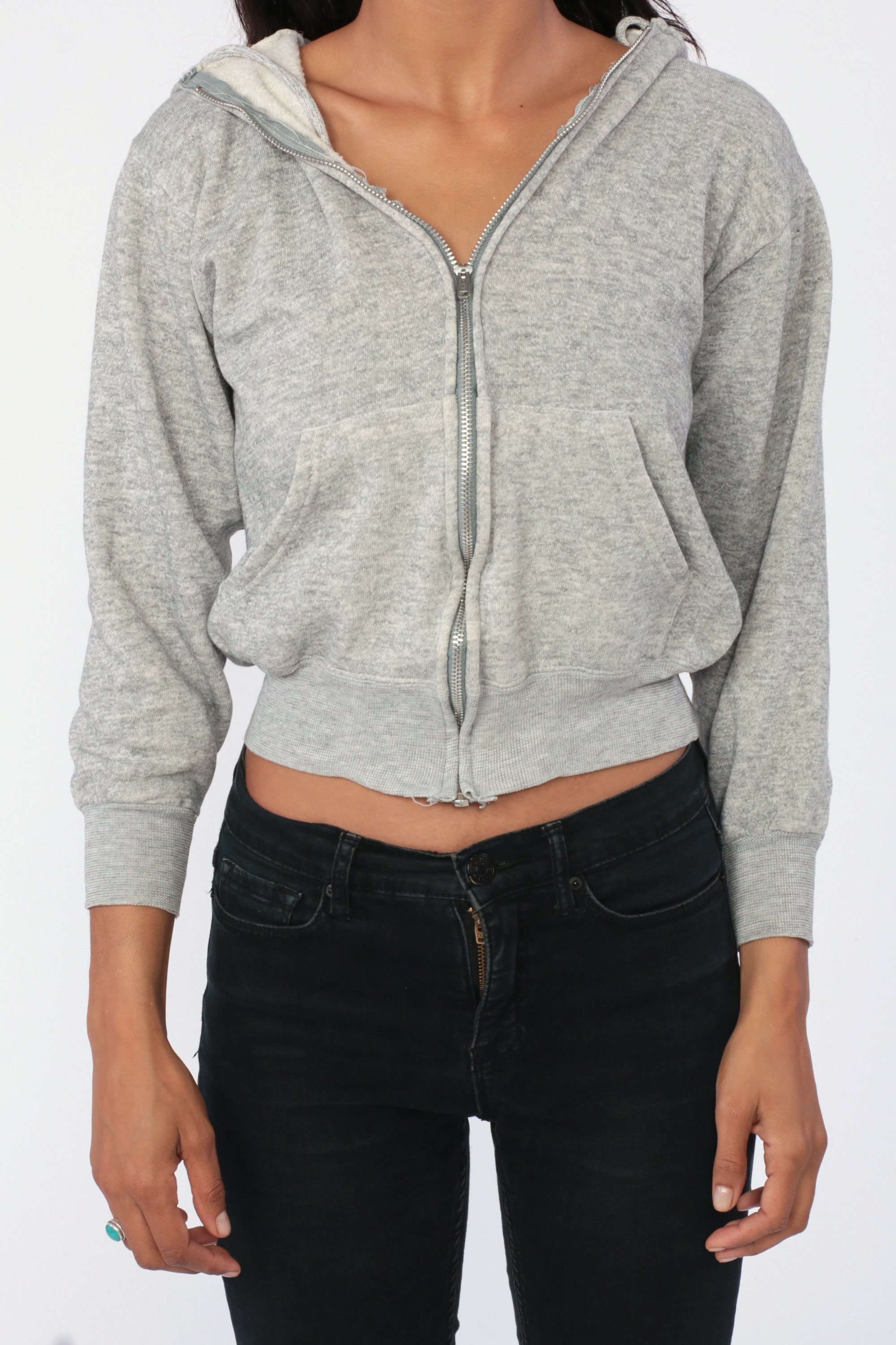 Grey Hoodie Sweatshirt 80s Hooded Sweatshirt Cropped Hood Zip Up ...