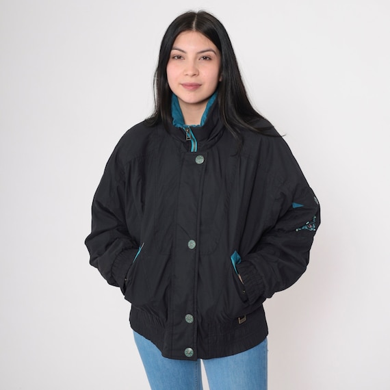 90s Ski Jacket Black Zip Snap Up Windbreaker Turquoise Trim Puffer Coat Retro Skiwear Bomber Vintage 1990s Extra Large xl