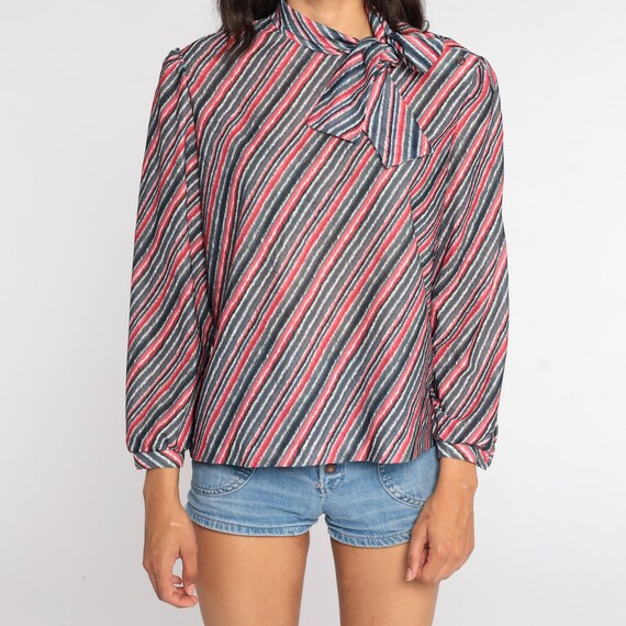 Striped Ascot Shirt Red Grey Secretary Blouse Lon… - image 5