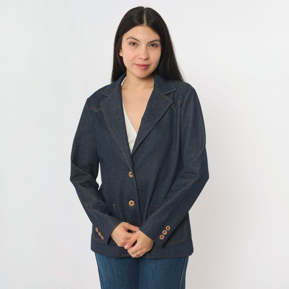70s Denim Blazer Jacket Vintage Dark Wash Jean Jacket Blue Boho Western Women Bohemian 1970s Button Up Cowgirl Retro Collared Medium M