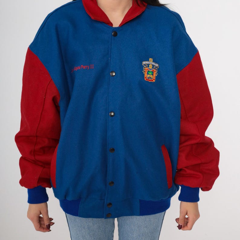 Vintage 90s Wool Varsity Jacket Lion Embroidery Universidad de Guadalajara Blue Red Color Block Retro Bomber Coat 1990s Large image 7