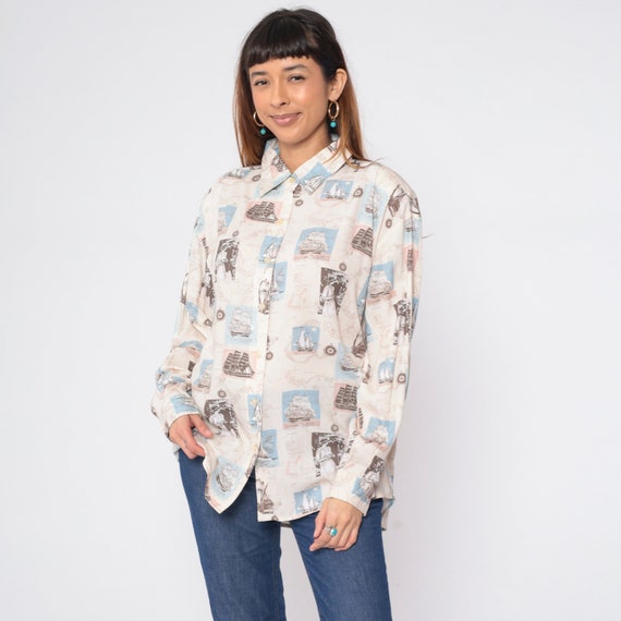 Nautical Shirt 90s Novelty Top Sailboat Compass Map 20s Lady Print Long Sleeve Button up Blouse Sailing Boat Vintage 1990s Bill Blass Large