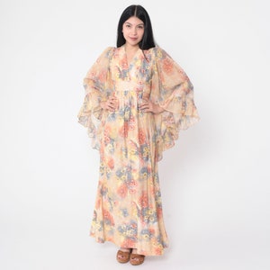 70er Floral Maxi Kleid Boho Engel Ärmel V Ausschnitt Empire Taille Hippie Boho Festival Seventies Tan Orange Grau Vintage 1970s Extra Small xs