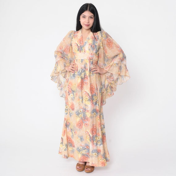70s Floral Maxi Dress Boho Angel Sleeve V Neck Empire Waist Hippie Bohemian Festival Seventies Tan Orange Grey Vintage 1970s Extra Small xs