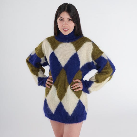 Diamond Harlequin Sweater Y2K Mohair Turtleneck Blue Olive Cream Geometric Knit Winter Cozy Cabin Ski Winter Layering Vintage Medium M 8