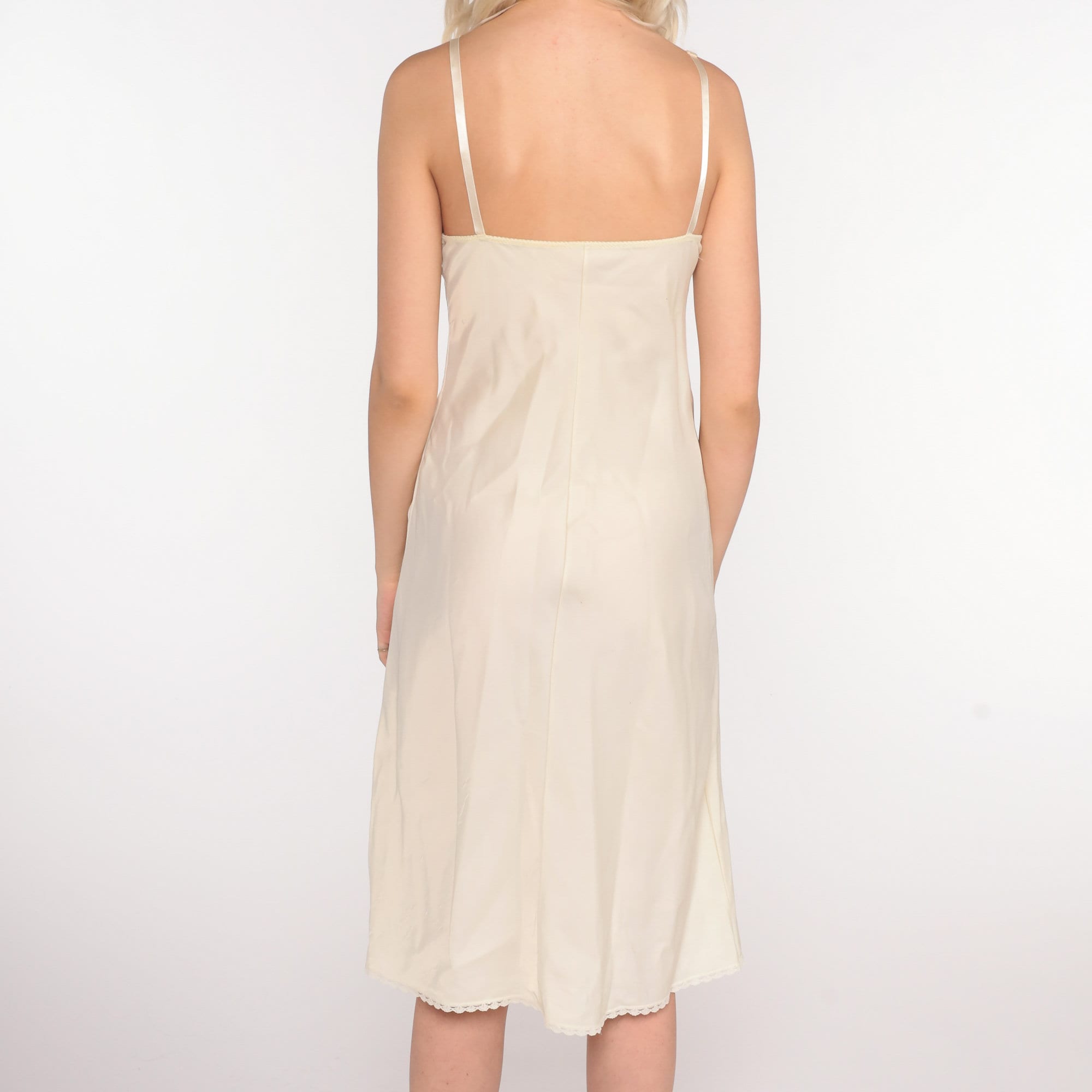 Off-White Slip Dress 70s Midi Full Slip Cream Lingerie Pin Up Vintage 1970s V Neck Empire Waist 