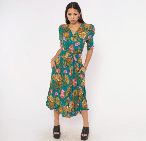 90s Teal Floral Midi Dress Rose Print Tan Green Button Front V Neck Short Sleeve Tie Waist Puff Shoulder Pleated Skirt Pockets Small S