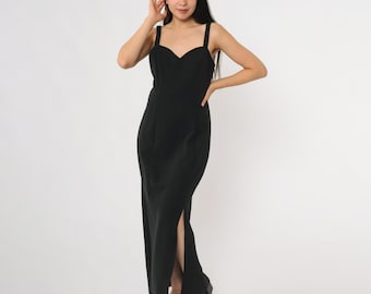 Jaren 90 zwarte jurk lieverd hals lange avond feestjurk split rok alternatieve grunge avondje uit formele prom minimalistische slip stijl medium M