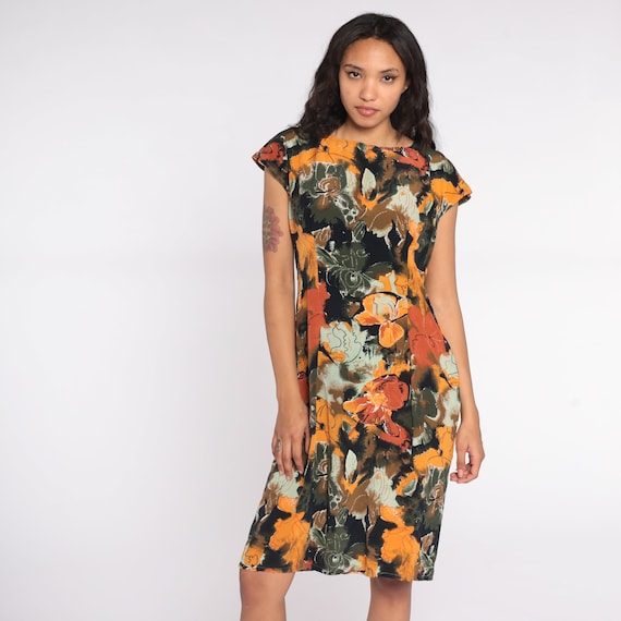 90s Floral Dress Earth Tone Rayon Dress Midi Short Sleeve Dress Tropical Print Sheath 1990s Green Yellow Vintage Shift Retro Medium Large