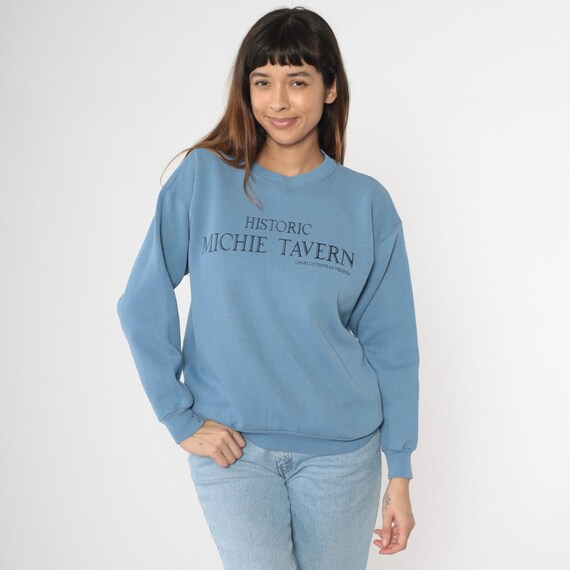 Y2K Historic Michie Tavern Sweatshirt Charlottesville Virginia Long Sleeve Top Vintage Blue Pullover 00s Restaurant Bar Medium M