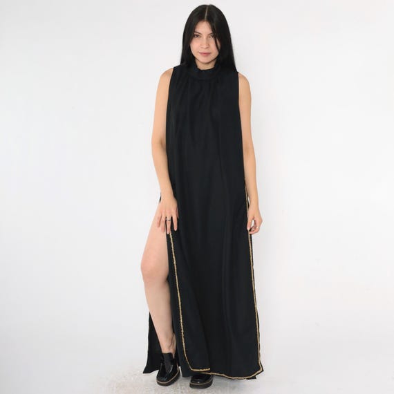 Vintage Black Evening Dress 70s High Mock Neck Gold Trim High Side Slits Maxi Gown Sleeveless 1970s Cocktail Party Dress Glam Large L