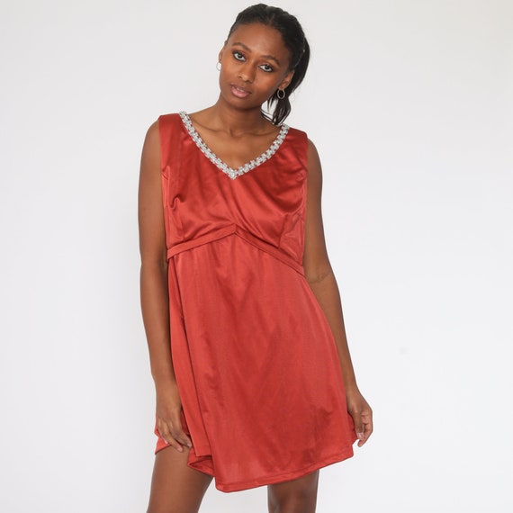 Rust Red Mini Dress 70s Boho METALLIC Silver Trim 1970s Empire Waist Babydoll Party Dress Royal Hippie Vintage Sleeveless Large