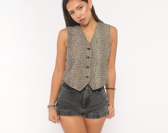 Reversible Leopard Vest 90s Black Animal Print Waistcoat Button Front V Neck Tan Cheetah Two In One Layering Top Vintage Extra Small XS