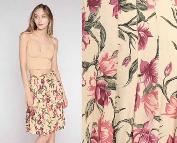 Pleated Floral Skirt 90s Yellow Knee Length Skirt Retro Flowy Flower Print High Waisted Summer Casual Pink Vintage 1990s Extra Small xs