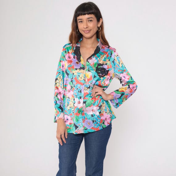 80s Tropical Floral Pj Top Pink Purple Turquoise Coral Yellow Green Bold Button Up Long Sleeve Collared Vintage Loungewear Pajama Medium M