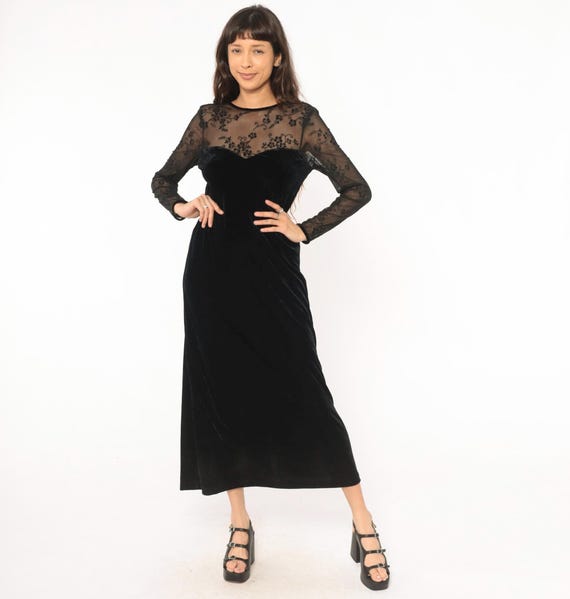 Velvet Maxi Dress 90s Sheer Mesh Embroidered Floral Lace Sweetheart Neckline Long Sleeve V Back Black Gown Gothic Vintage Small Medium