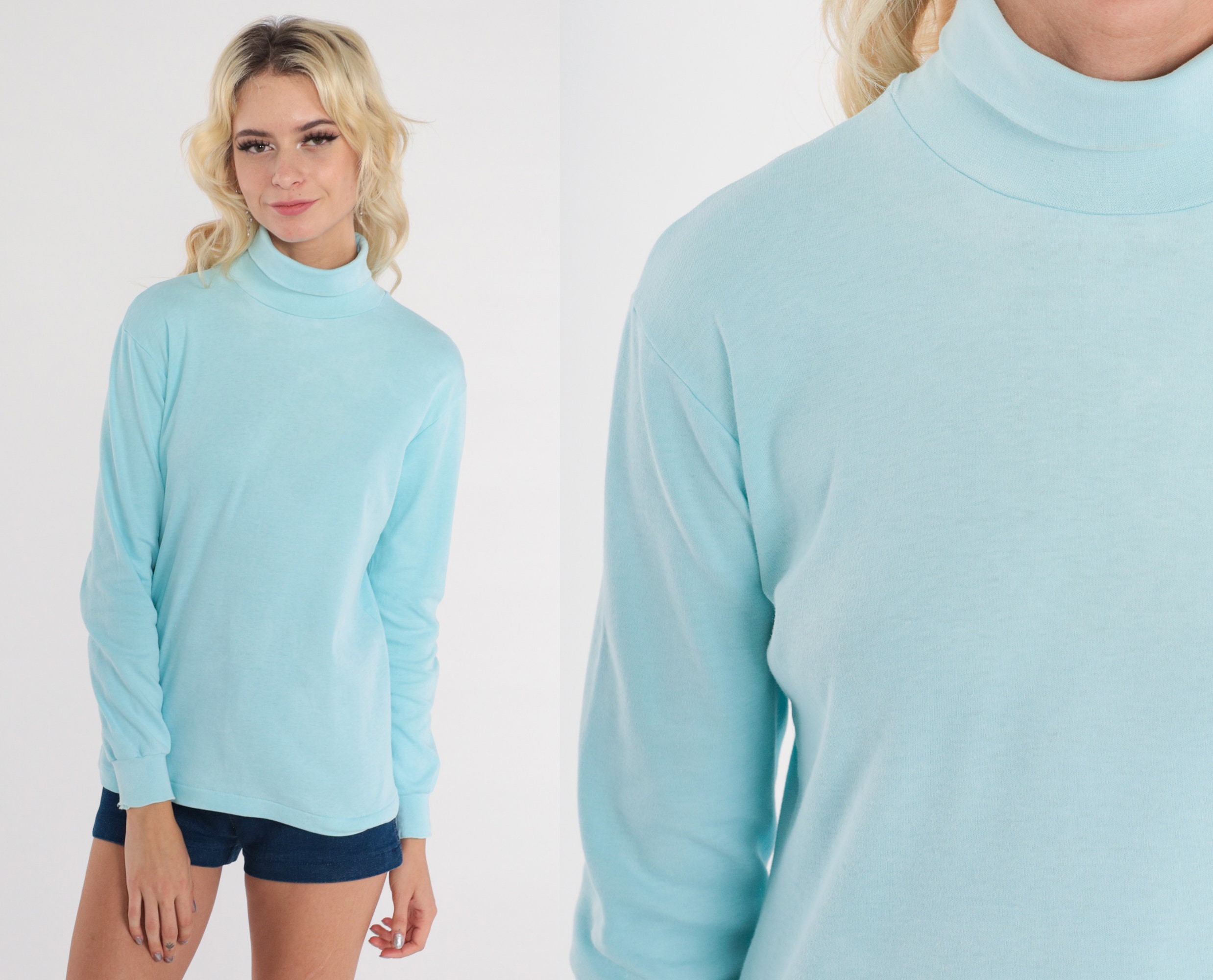 Baby Blue Turtleneck Shirt 80s Skyr Long Sleeve Shirt Pullover Top