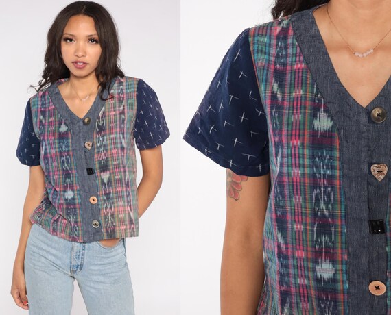 Patchwork Button Up 90s Ikat Print Navy Chambray … - image 2