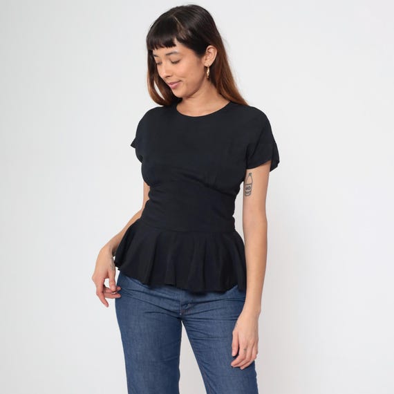 Peplum Top 80s Black Short Sleeve Fitted Waist Button Back Vintage Office Blouse 80s Professional Top Business Wear Executive Medium M