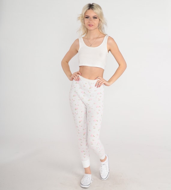 Floral Thermal Pants 80s Long Johns White Waffle Knit Leggings