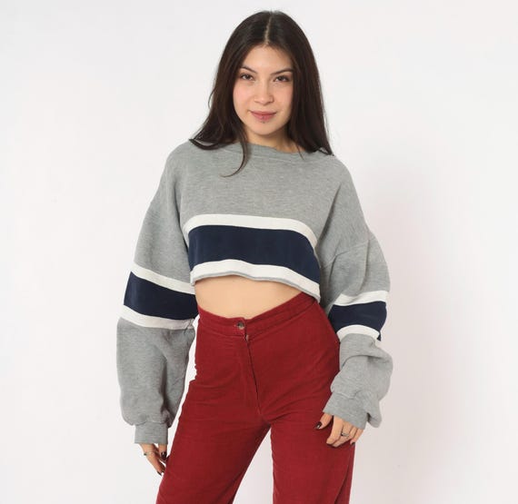 90s Cropped Sweatshirt Grey Navy White Stripe Crop Top Boat Neck Long Sleeve Cotton Pullover Raw Hem Boxy Color Block Varsity Sweater Small