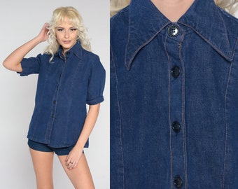 70s Denim Shirt Dark Blue Jean Blouse Hippie Button Up Denim Boyfriend Shirt Boho Hippy 1970s Short Sleeve Vintage Top Bohemian Small S