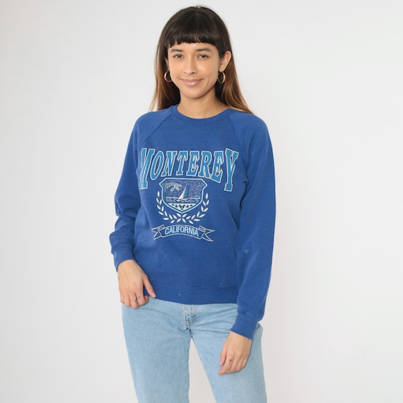 Vintage Monterey California Sweatshirt 90s Blue Nautical Sailboat Pullover Raglan Sleeve Crewneck Pullover 1990s Graphic Small S