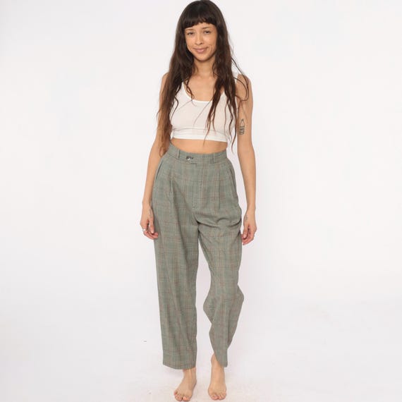 80s Wool Pants Plaid High Waisted Pleated Cropped Trousers Check Gray Beige Brown Vintage Dark Academia Preppy Tailored Straight Leg Small S