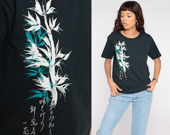 Chemise imprimée bambou T-shirt de voyage asiatique T-shirt graphique T-shirt rétro Chemise vintage Asie T-shirt années 90 Noir Moyen
