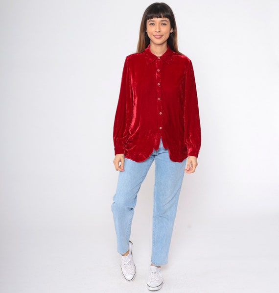 Red Velvet Blouse 90s Button Up Shirt Long Sleeve… - image 3