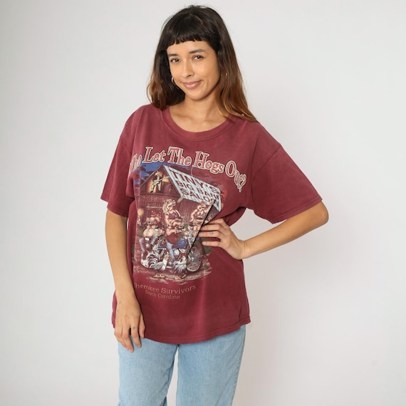 Vintage Cherokee Survivors Rally Shirt Maroon Biker Graphic Pig Motorcycle North Carolina Event Tee 2000s Tshirt Medium M
