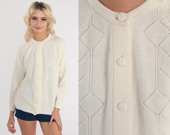 White Pointelle Cardigan 60s 70s Button Up Sweater Open Weave Knit Retro Boho Cutout Sweater Vintage 1960s Raglan Sleeve Geometric Small S
