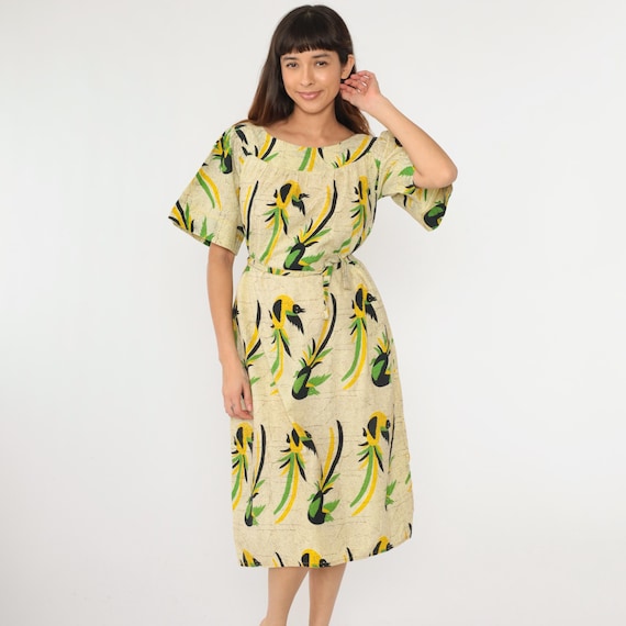 90s Tropical Bird Dress Midi Dress Summer Dress Boho 1990s Bohemian Vintage Shift Short Sleeve Beige Yellow Belted Medium Large