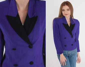 Royal Purple Blazer 90s Double Breasted Button Up Blazer Jacket Retro Professional Power Shoulders Secretary Vintage 1990s Extra Small xs