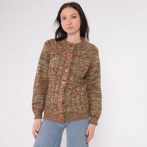 Vintage Space Dye Cardigan 70s Cable Knit Sweater Button up Burnt Orange Green Boho Knit Retro Bohemian Hippie Fall 1970s Small