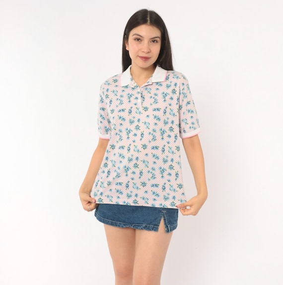 90s Floral Polo Shirt Pink Gingham Check Blue Flower Collared Blouse Button Short Sleeve Cottagecore Prairie Summer Tee Vintage Small S