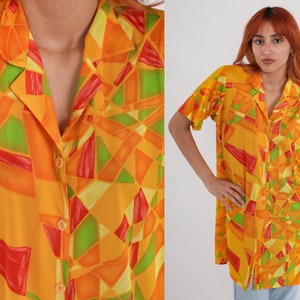 Mosaic Button Up Shirt 90s Yellow Geometric Print Blouse Button Up Shirt Short Sleeve 1990s Tropical Longline Orange Vintage Extra Large xl image 1