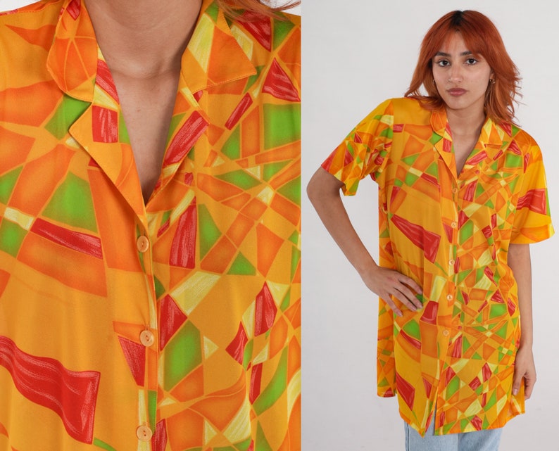 Mosaic Button Up Shirt 90s Yellow Geometric Print Blouse Button Up Shirt Short Sleeve 1990s Tropical Longline Orange Vintage Extra Large xl image 1