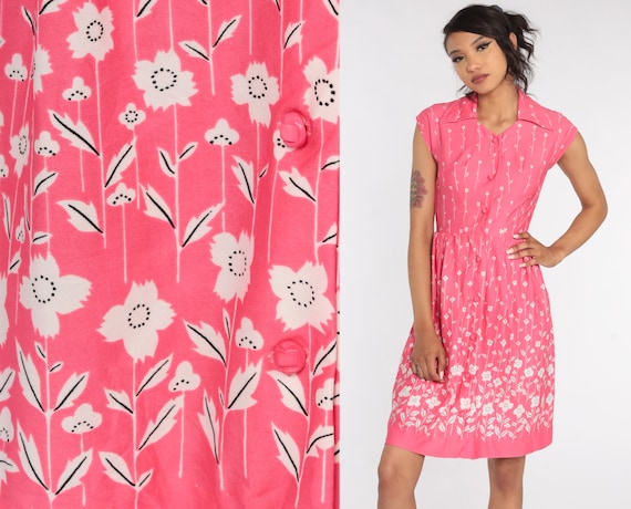 Pink Floral Dress Bohemian Button Up 70s Dress Midi Dress Vintage Boho High Waisted Cap Sleeve Dress Summer Extra Small xs