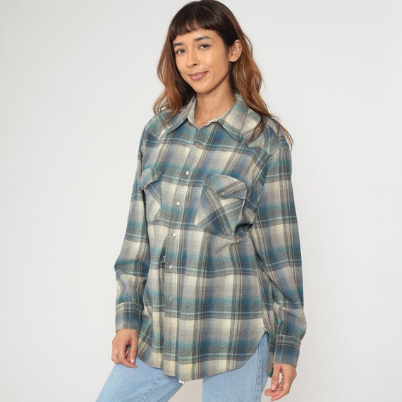Vintage 1980s Pendleton Board Shirt 100% Wool Plaid Blue Grey Green 80s Lumberjack Button Up Long Sleeve Tartan Distressed Extra Large xl