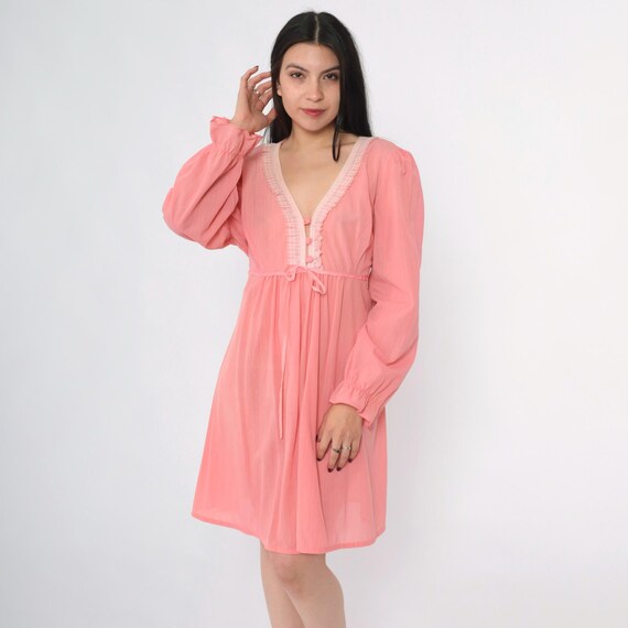 Vintage 70s Pink Babydoll Dress Sheer Puff Sleeve Mini Boho Ruffle Trim V Neck Nightgown Empire Waist 1970s Hippie Mod Dolly Nightie Large L
