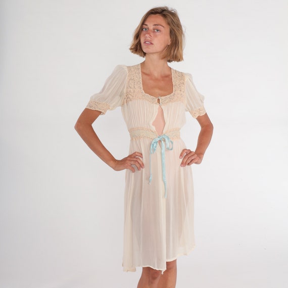 50s Lingerie Robe Sheer Cream Lace Nightgown Puff Sleeve Open Tie Front Slip Mini Dress Nightie Jacket Chemise Negligee Vintage 1950s XS
