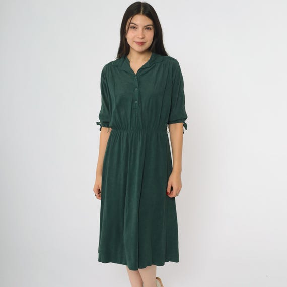 70s Lounge Dress Forest Green Midi Newton Centre Vintage Sleeves Retro Bohemian Casual Office Secretary Academic Perfect Medium M