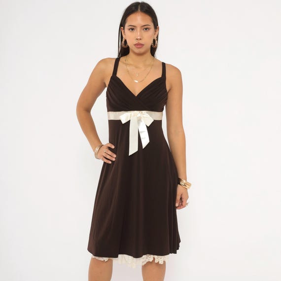 Y2K Chocolate Satin Bow Dress Surplice Wrap Bodice Cream Lace Trim Hem Sleeveless Brown Coquette Ribbon Empire Waist Mocha Tank Medium M