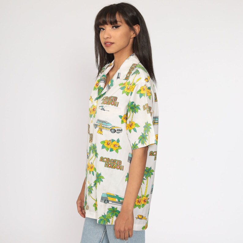 Hawaiian Shirt 70s Roberts Hawaii Shirt Car Rabbit Blouse Tropical Shirt Button Up Shirt Floral Print 1970s Boho Top Beach Large