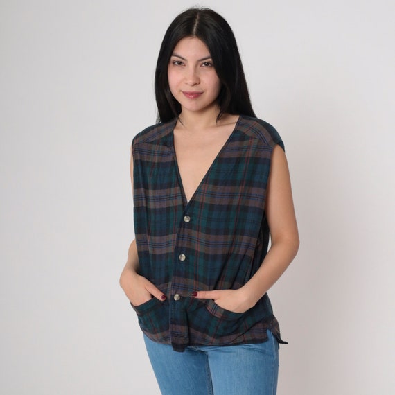 90s Men's Plaid Vest Vintage Sleeveless Button Front Pockets Blue Green Checkered 1990s V Neck Grunge Vest Medium
