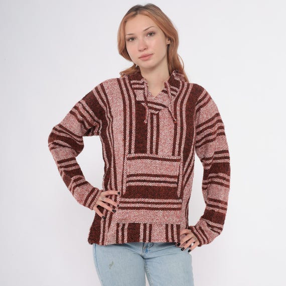 Drug Rug Hoodie Y2K Baja Brown Burgundy Pink Cream Striped Pullover Mexican Poncho Hooded Kangaroo Pocket Woven Vintage Surf Grunge Medium M