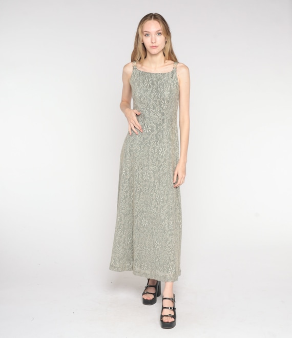 Floral Lace Gown 90s Long Party Dress Sleeveless Maxi Dress Glam Formal Cocktail Metallic Buckle Strap Vintage 1990s Column Small S