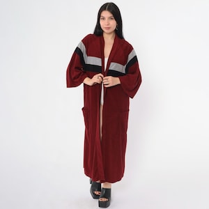 Vintage Velour Robe Dress 70s Maxi Maroon Striped Lounge Dressing Gown Long Sleeve 1970s Loungewear One Size 36 - 48 Medium Large xl